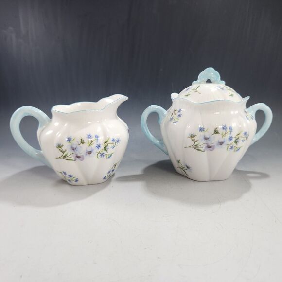 Shelley Blue Rock Covered Sugar & Creamer Set w Matching Egg Cup Bone China VTG - Picture 2 of 8